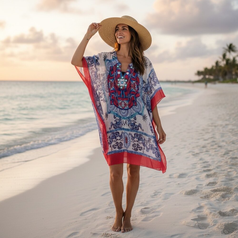 Kristals Poncho Kimono Kaftan Beach Cover-up Beaded Top Sz L #253H